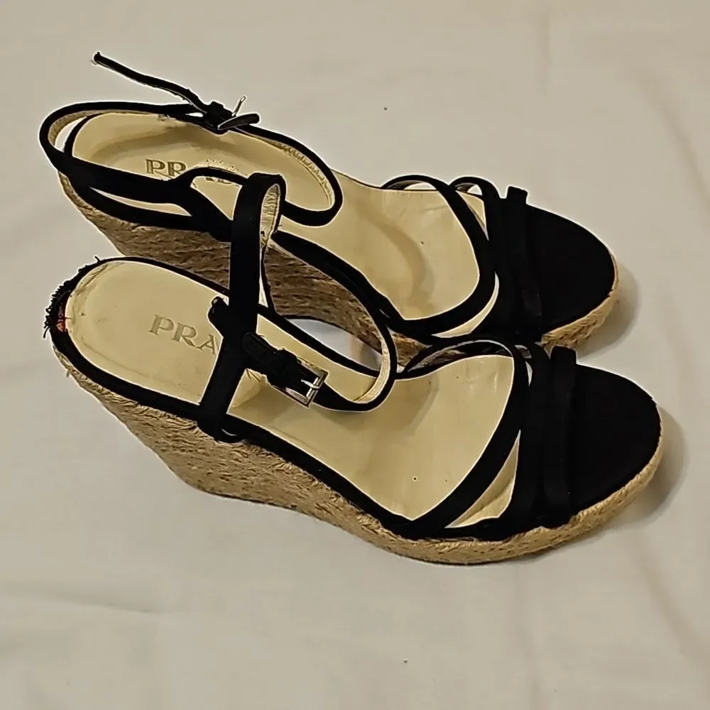 PRADA SPORT Black Leather Wedge Espadrilles - Picture 2 of 10